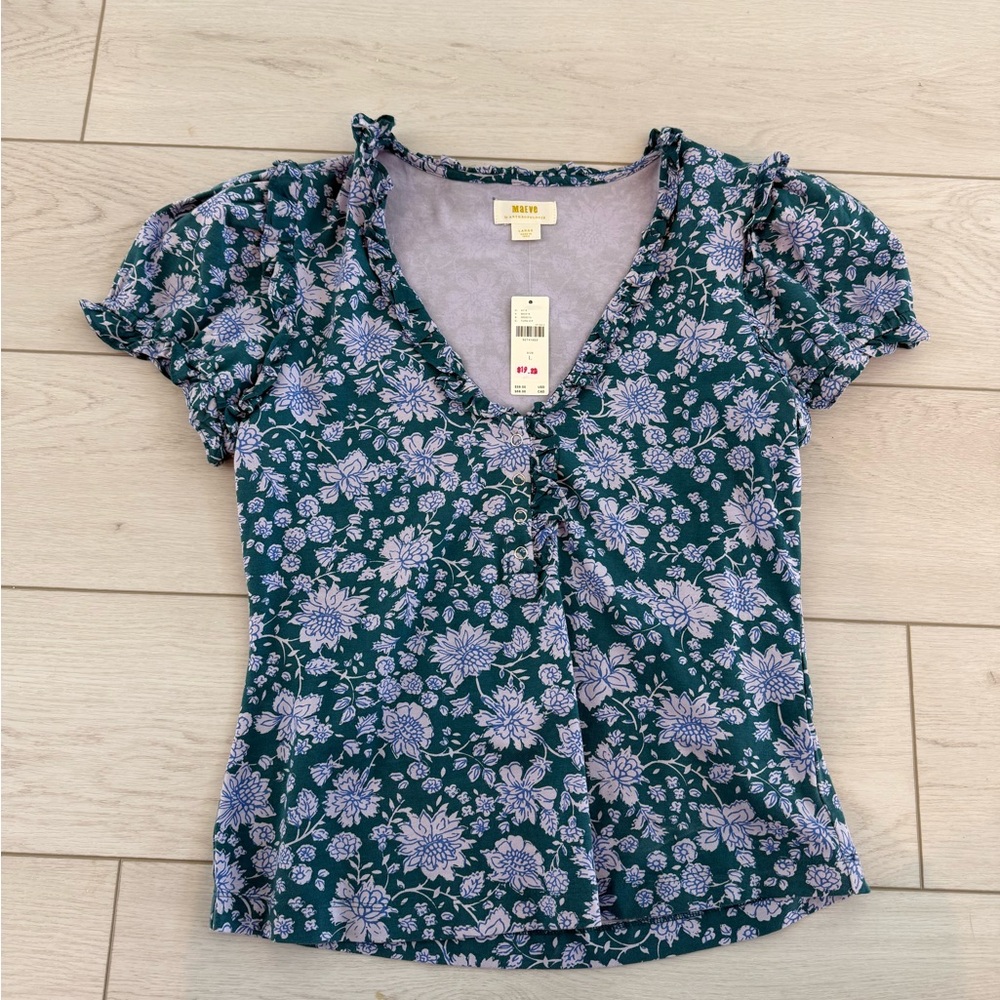 NWT Anthropologie Mauve Puff Sleeve Henley Tee Floral Top - Picture 3 of 5